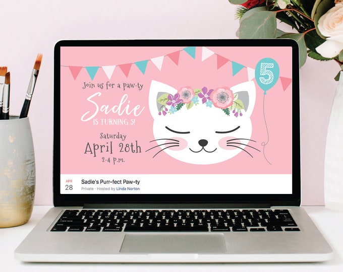 Cat Facebook Event Header, Kitty Birthday, Customized Facebook Header Page, WE EDIT, You Upload, Custom Text, Digital File