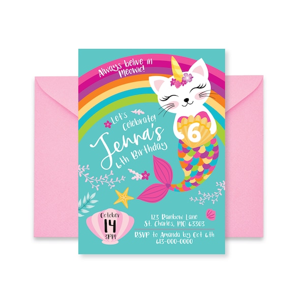 Caticorn Birthday Invitation, Mermaid Cat Unicorn, Rainbow Party (Digital File)
