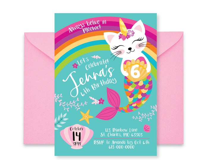 Caticorn, Rainbow Birthday Party Invitation, Cat, Mermaid, Unicorn, Invite WE EDIT, You PRINT, Custom Text, Printable Digital File