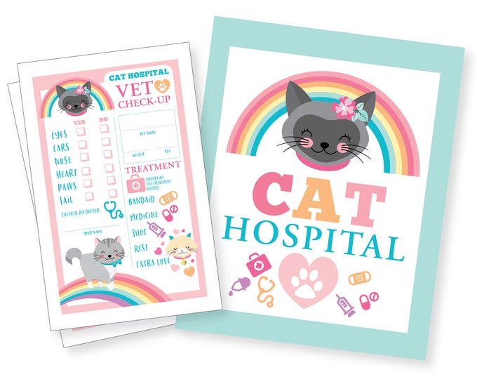 Cat Hospital Vet Check up, Kitten Hospital Sign and Check-up Cards, Cat Adoption, Vet, Exam, Check Up, Instant Download, Digital, Decor