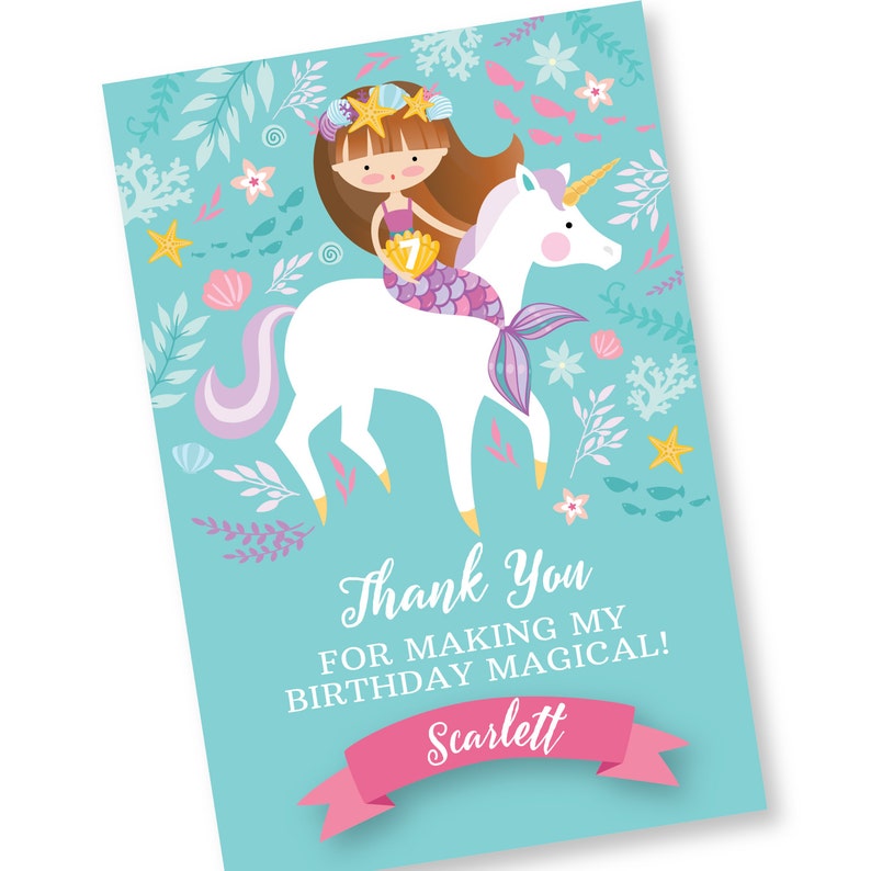 mermaid unicorn thank you card customized printable diy etsy