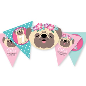 Pug Birthday Bunting, Pink Pug Banner, Dog Garland, Printable, Customized, DIY bunting, Pug, Dog, Girl's Birthday Party, digital files