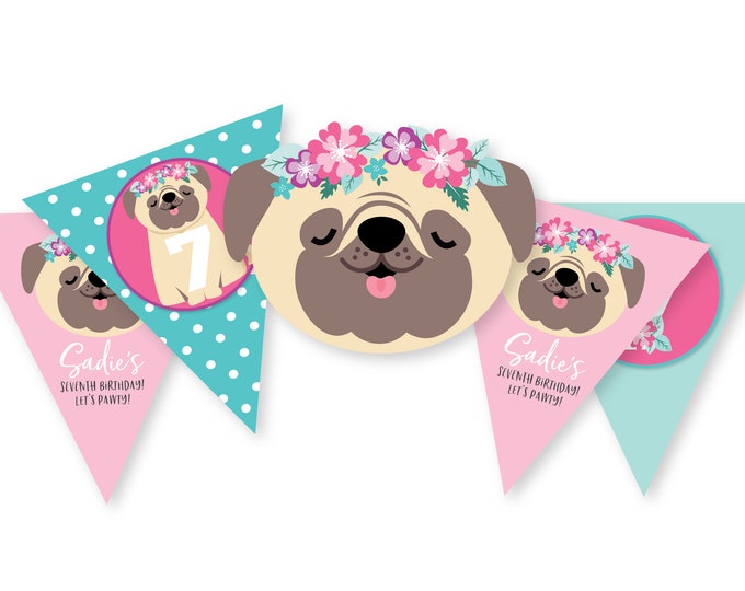 Pug Birthday Bunting, Pink Pug Banner, Dog Garland, Printable, Customized, DIY bunting, Pug, Dog, Girl's Birthday Party, digital files