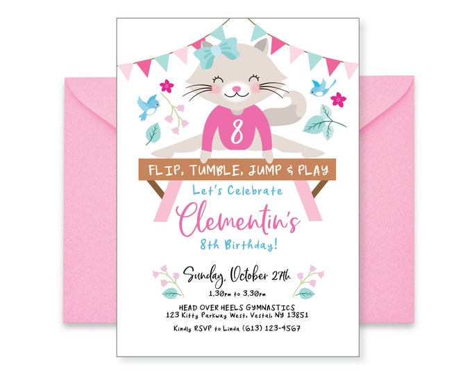 Cat Gymnastic Invitation, Tumbling Invite, Kitten Gymnastic Party, WE EDIT, You PRINT, Custom Text, Printable Digital File