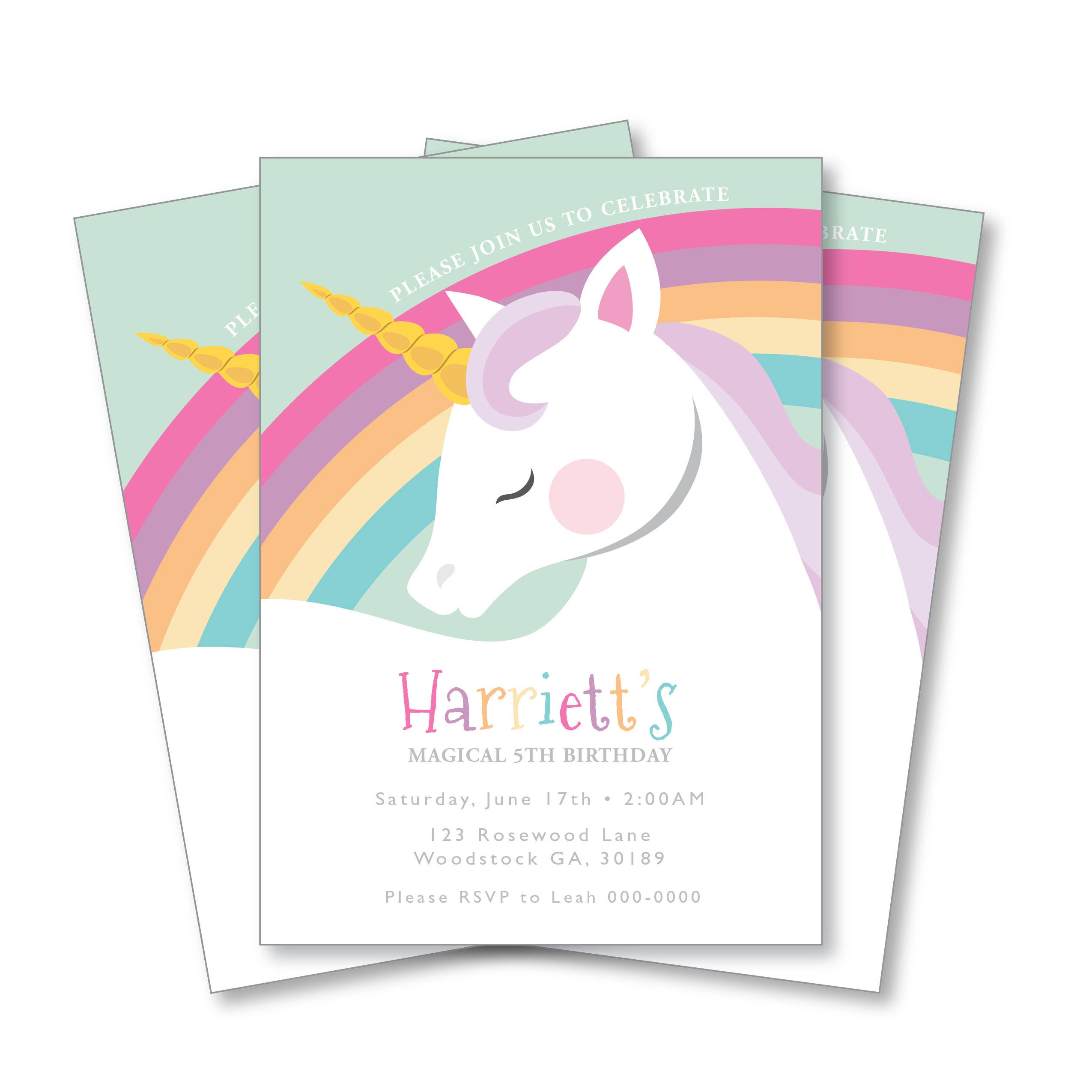 unicorn rainbow birthday invitation printable customized diy girls