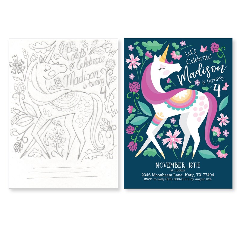 Unicorn Invitation, Girl's Unicorn Party, Floral Unicorn Invite, WE EDIT, You PRINT, Custom Text, Printable Digital File image 6