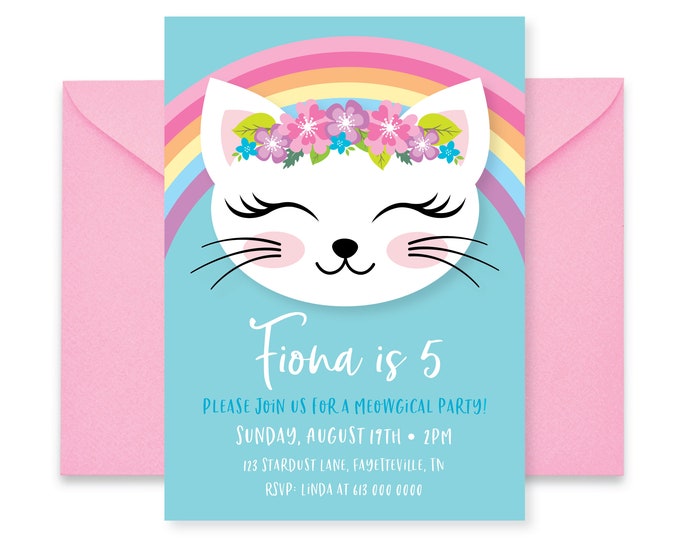 Cat Rainbow Birthday Invitation, Kitten Invite, Rainbow, Kitty Party, WE EDIT, You PRINT, Custom Text, Printable Digital File