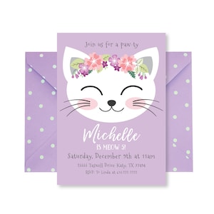 Cat Birthday Party Invitation, Kitten Invite, Girl 3rd Birthday, Kitty Party, WE EDIT, You PRINT, Custom Text, Printable Digital File image 1