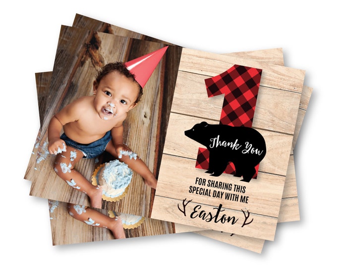 Lumberjack Photo Thank You, First Birthday, rustic, bear, buffalo plaid, wood, WE EDIT, You PRINT, Custom Text, Printable Digital File