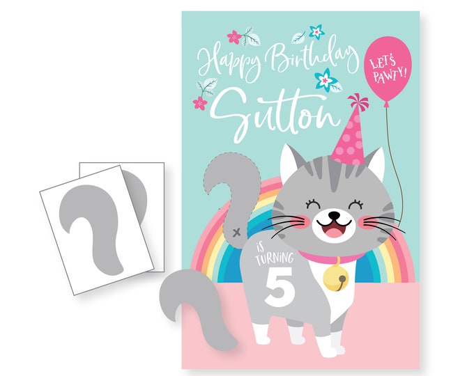 Pin the Tail on the Cat Party Game, Kitty Birthday, DIY Party Game, printable digital files only