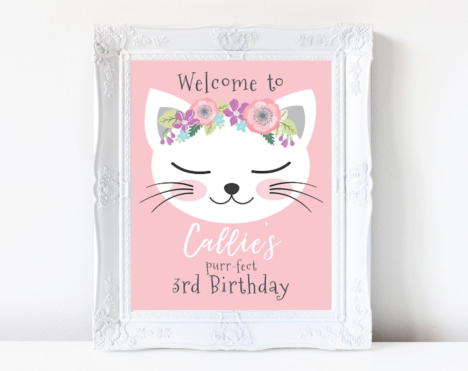 Cat Welcome Sign, Girl's, Pink, Kitten, Kitty, Birthday Party, Poster, Printable, Digital Files