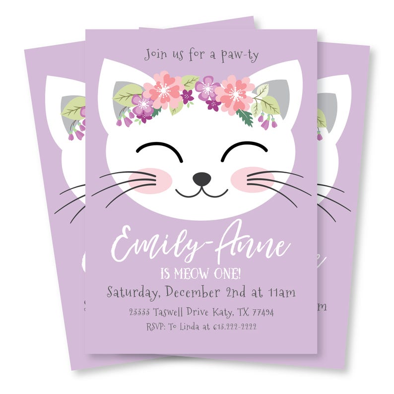 Cat Birthday Party Invitation, Kitten Invite, Girl 3rd Birthday, Kitty Party, WE EDIT, You PRINT, Custom Text, Printable Digital File image 5