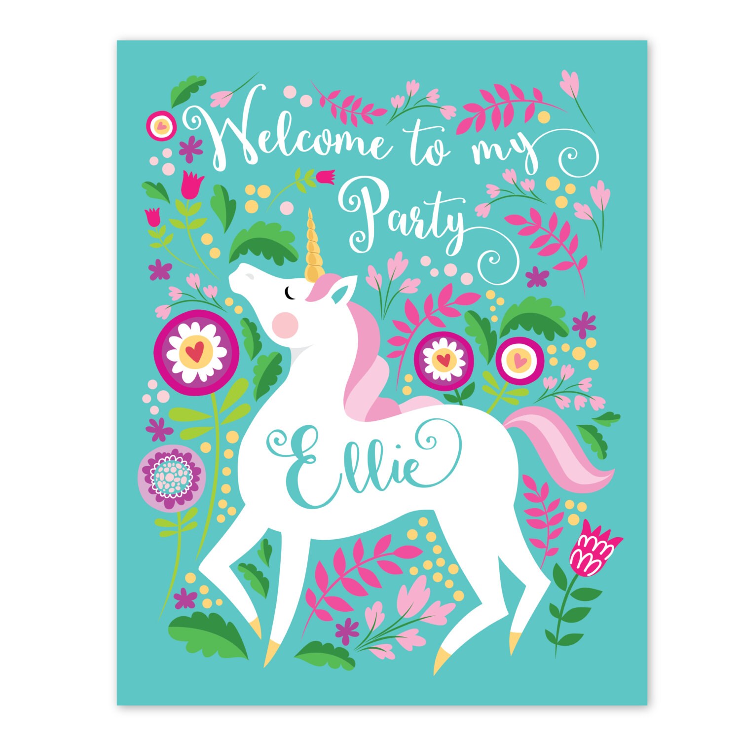unicorn birthday welcome sign printable customized text woodland