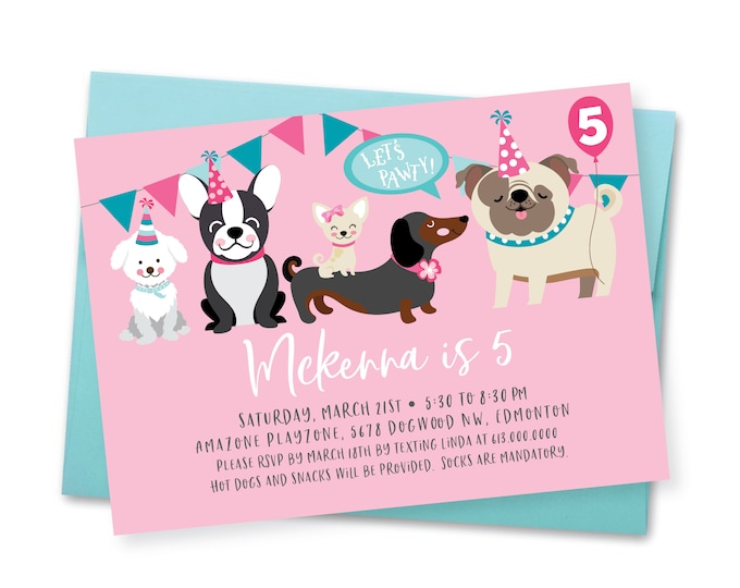 Dog Birthday Invitation, Pug, Boston Terrier, Dachshund, Birthday, Puppy Party, WE EDIT, You PRINT, Custom Text, Printable Digital File