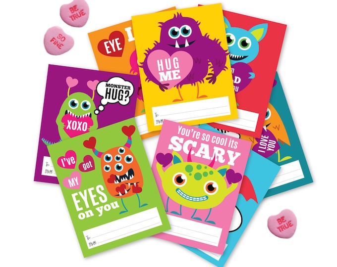 Monster Valentines Day Cards, printable DIY card, classroom Valentine for kids, Instant Download Valentine Cards