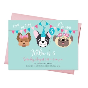 Mädchen Geburtstagseinladung Hund, Mops, Yorkie, Terrier (druckbare digitale Datei)