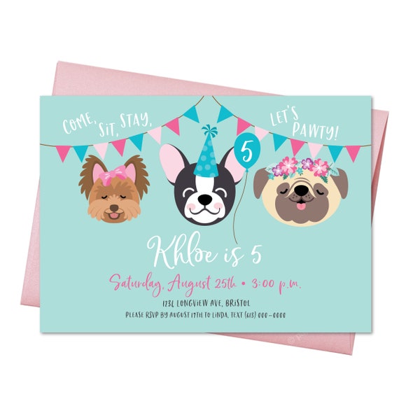 Dog Birthday Party Invitation, Pug, Boston Terrier, Yorkie - Girls Puppy Invite, WE EDIT, You PRINT, Custom Text, Printable Digital File