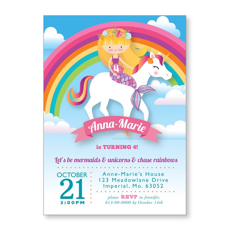 rainbow mermaid unicorn invitation printable customized etsy