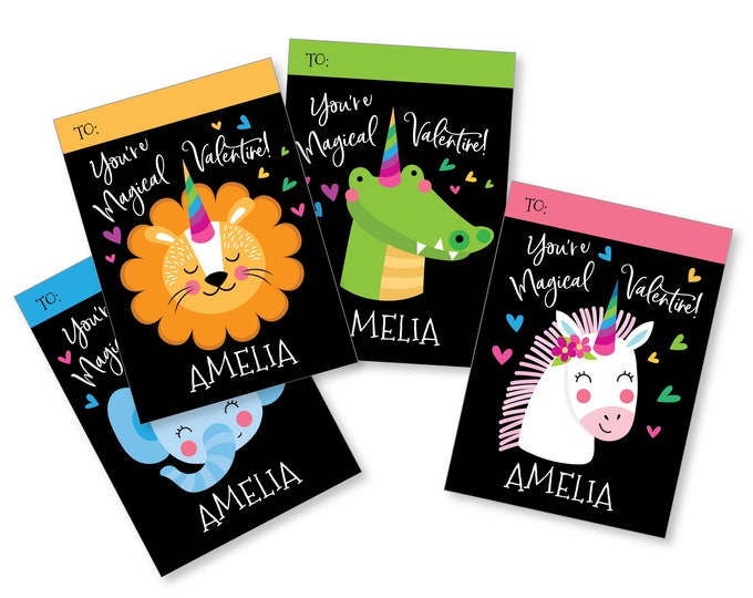 Valentines Day Animal-corns, Unicorns, printable DIY Valentine classroom cards, custom name on Valentine, You're Magical Valentine