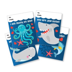 Under the Sea Valentines Day Cards, printable DIY card, classroom Valentine for kids Shark, Octopus, Whale, Narwhale, Instant Download