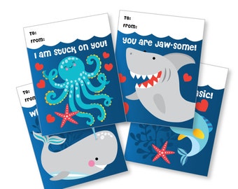 Under the Sea Valentines Day Cards, printable DIY card, classroom Valentine for kids Shark, Octopus, Whale, Narwhale, Instant Download