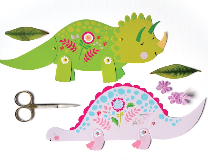 4 Articulated Paper Dinosaur Dolls, Instant DIY Download - Dinosaur Crafts, Dinosaur Party, Pink Dinosaur