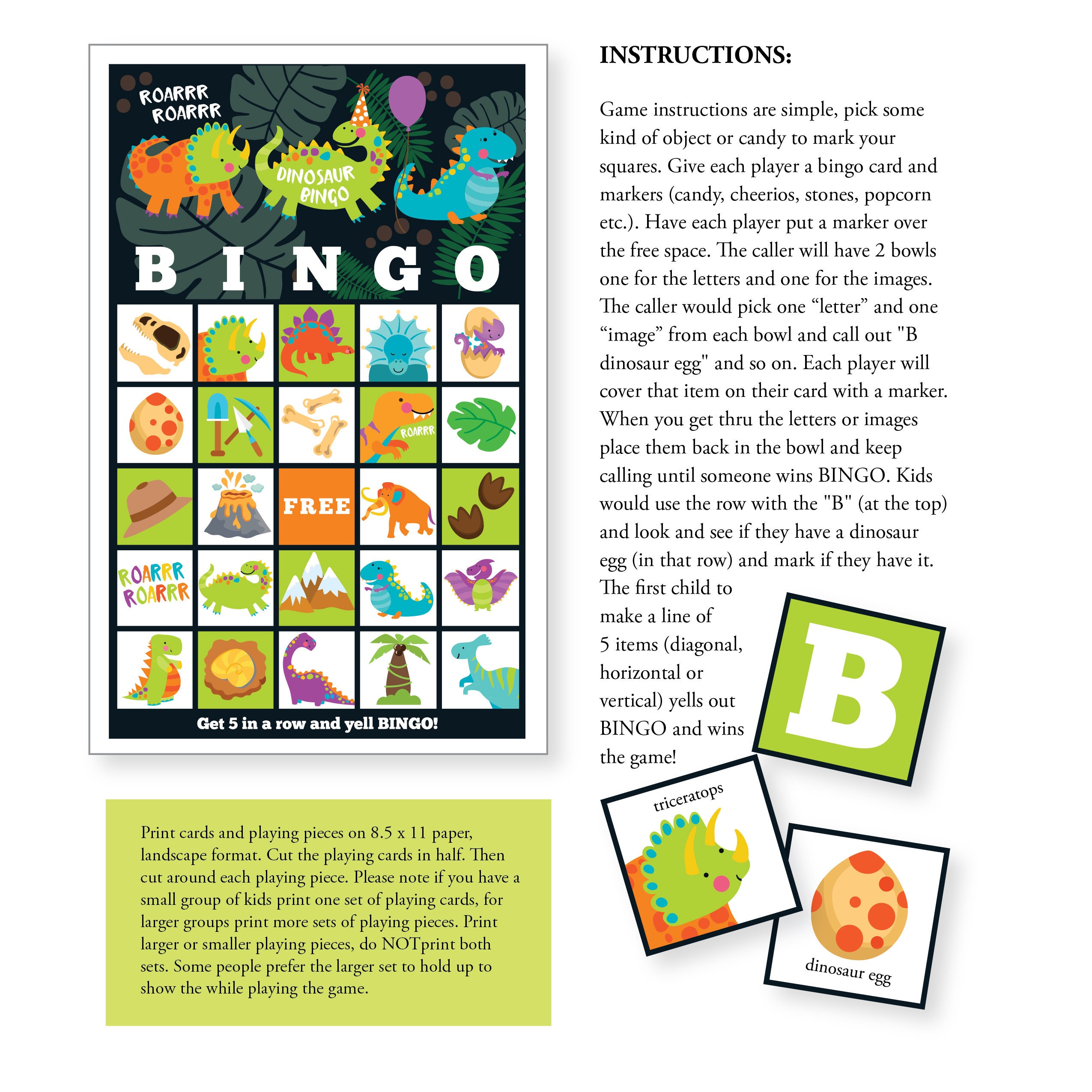 Dinosaur BINGO Game, Dinosaur Party Game, Boy's Printable Bingo Game - Bingo Game for Kids