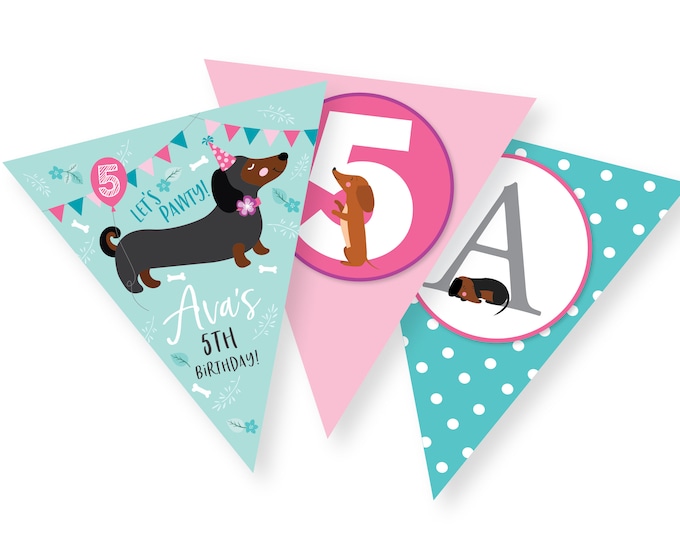 Dachshund Birthday Bunting, Dog Garland, Banner, Printable, Customized, DIY bunting, Dachshund, Dog, Girl's Birthday Party, digital files
