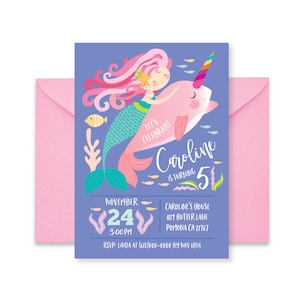 Mermaid Narwhal Invitation, Narwhal Invite, Mermaid Riding Narwhal, Pool Party, WE EDIT, You PRINT, Custom Text, Printable Digital File