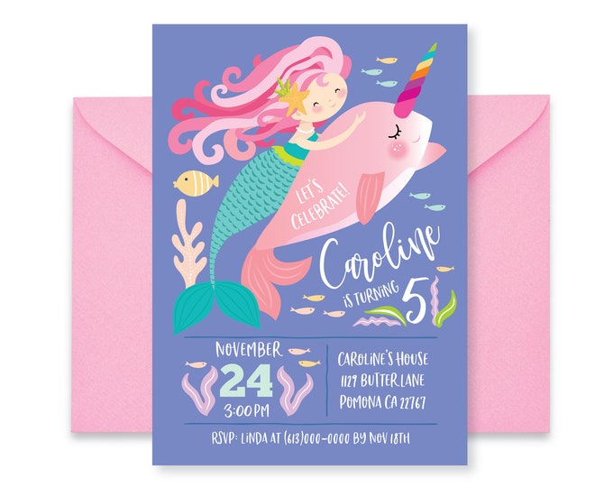 Mermaid Narwhal Invitation, Narwhal Invite, Mermaid Riding Narwhal, Pool Party, WE EDIT, You PRINT, Custom Text, Printable Digital File