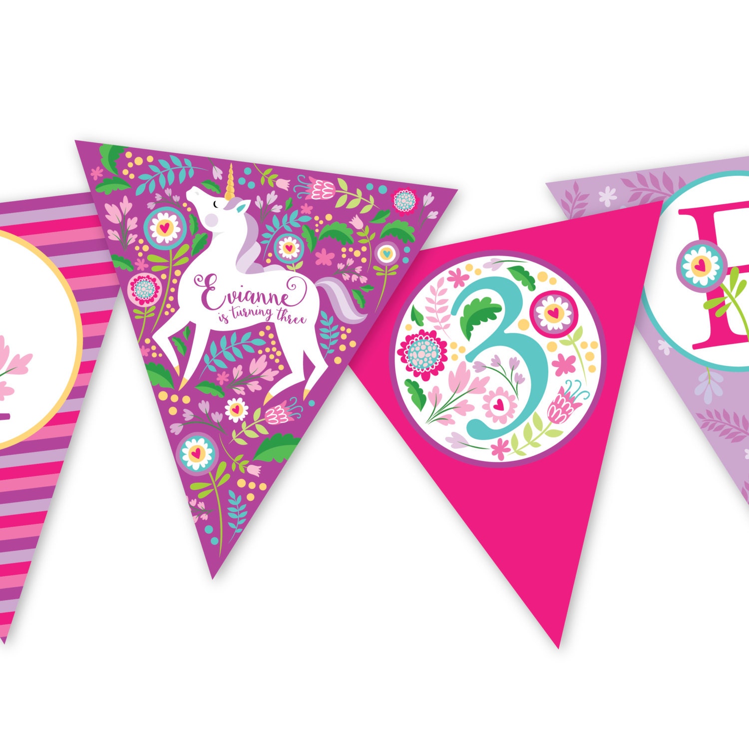 unicorn bunting garland banner customized printable diy girl s birthday party