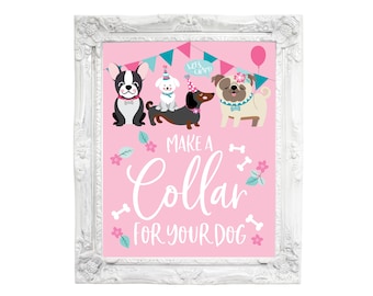 Make a Collar for your Dog Party Sign, Dog Birthday Printable Sign, Craft Table sign, Girl Dog, Puppy Birthday Party - Instant Download