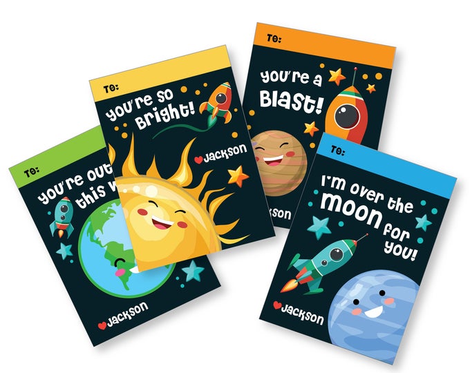 Outer Space Valentine's Day Cards, printable DIY classroom cards, customized name, Valentine's Outer Space, Planets, digital files only