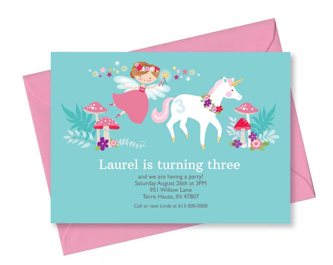 Unicorn Fairy Invitation, Girl's Unicorn Fairy Party, Floral Unicorn Fairy Invite, WE EDIT, You PRINT, Custom Text, Printable Digital File