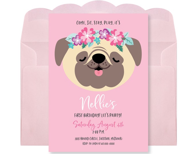 Pug Birthday Party Invitation, Floral Pug Invite, Puppy Party, WE EDIT, You PRINT, Custom Text, Printable Digital File