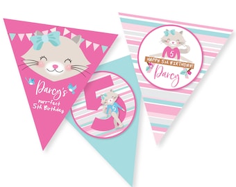 Empavesado de cumpleaños de gimnasia de gato, archivos digitales, estandarte de gato rosa, guirnalda de gatito, imprimible, personalizado, empavesado de bricolaje, cumpleaños de gimnasia de gato