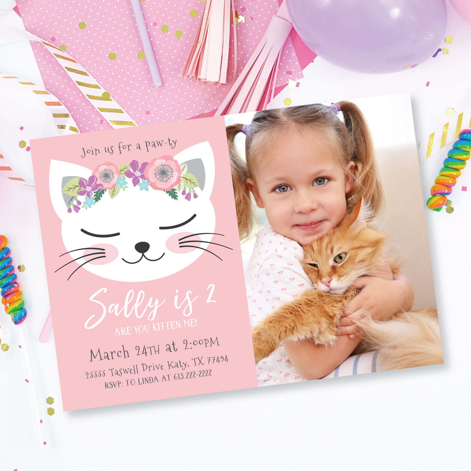 Photo Cat Birthday Party Invitation Kitten Cat Birthday Girl Etsy