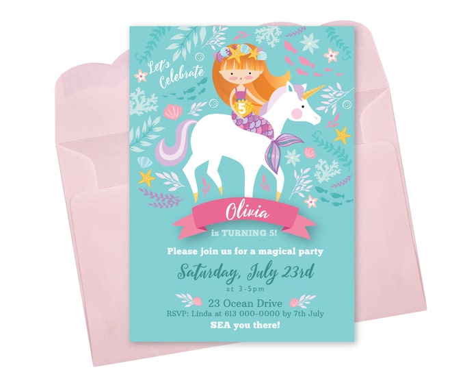 Mermaid Unicorn Invitation, Mermaid Riding Unicorn, Pool Party, WE EDIT, You PRINT, Custom Text, Printable Digital File