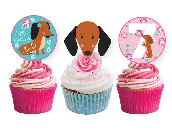 Dachshund, Weiner Dog, cupcake toppers, Dog, Puppy, Birthday Pawty, Cake Toppers, Custom text, WE EDIT, You PRINT, Printable, Digital Files