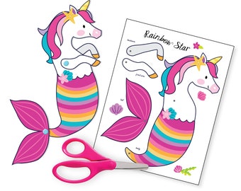 Unicorn Mermaid Articulated Paper Dolls, Instant DIY Download - Unicorn Mermaid Crafts, Mermaid and Unicorn Party