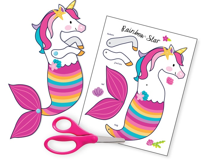 Unicorn Mermaid Articulated Paper Dolls, Instant DIY Download - Unicorn Mermaid Crafts, Mermaid and Unicorn Party