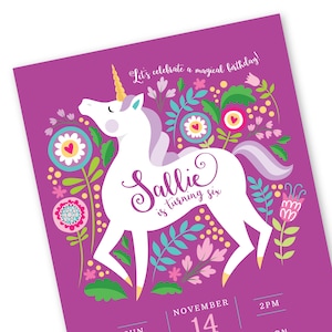 Unicorn Invitation, Girl&#39;s Unicorn Party, Floral Unicorn Invite, WE EDIT, You PRINT, Custom Text, Printable Digital File