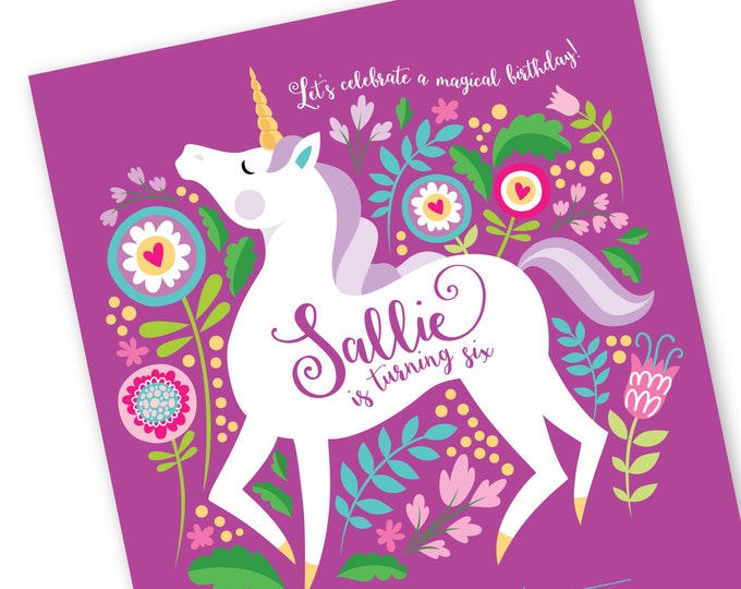 Unicorn Invitation, Girl's Unicorn Party, Floral Unicorn Invite, WE EDIT, You PRINT, Custom Text, Printable Digital File