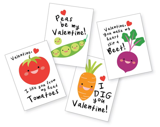 Vegetable Valentines Day Cards, Boys or Girls Vegetable Valentine Cards, printable DIY Valentine, classroom cards