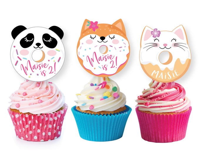 Donut Cupcake Toppers, Girls Cute Animal Donut Birthday Party, Cat, Fox Unicorn and Panda Cake Toppers, WE EDIT, You PRINT, digital file
