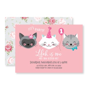 Cat Birthday Party Invitation - Girls Kitten  Party Invite, WE EDIT, You PRINT, Custom Text, Printable Digital File
