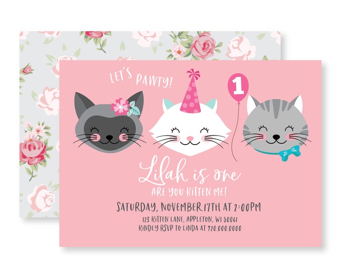 Cat Birthday Party Invitation - Girls Kitten  Party Invite, WE EDIT, You PRINT, Custom Text, Printable Digital File