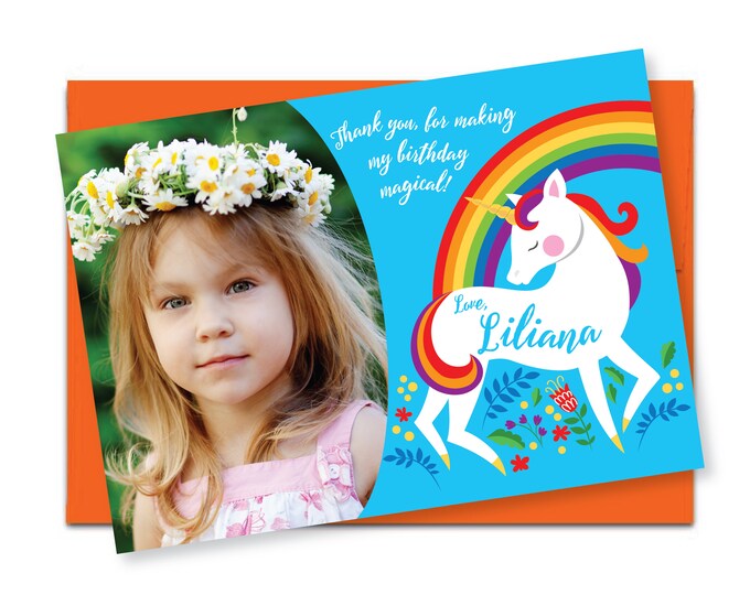 Unicorn Rainbow Photo Thank You, Birthday Thank You, WE EDIT, You PRINT, Custom Text, Printable Digital File