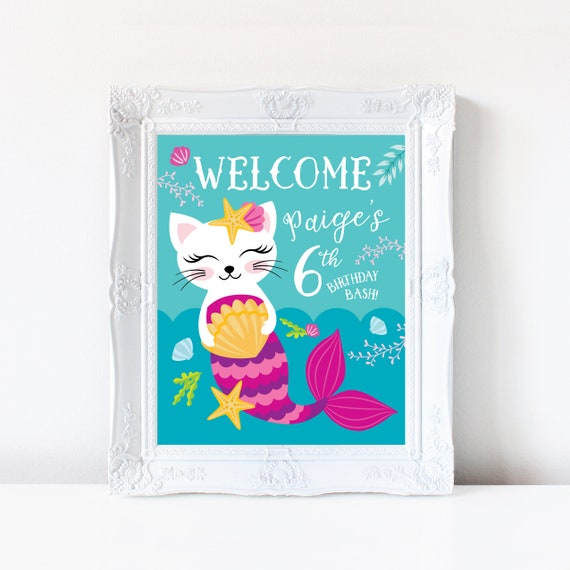 Cat Mermaid Welcome Sign Customized Printable Diy Girl S Etsy 日本