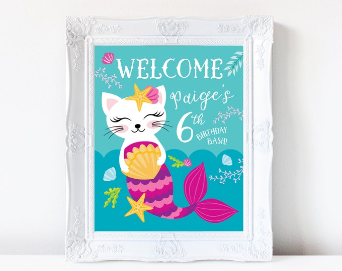 Mercat Welcome Sign, Girl's Cat, Mermaid Birthday Party, Under the Sea, Pool Party, Poster, Printable, Digital Files